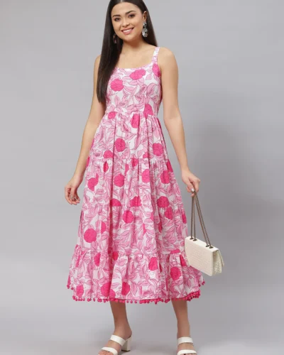 White & Pink Floral Shoulder Strip Long Dress