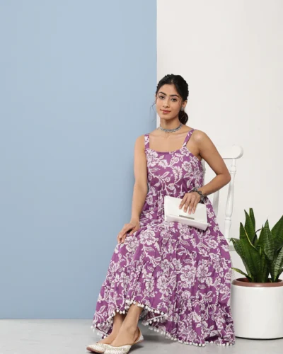 Purple Floral Shoulder Strip Long Dress