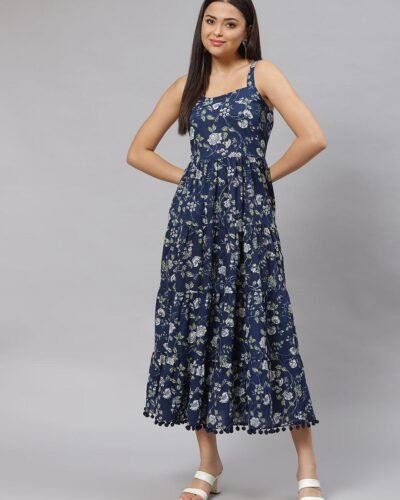 Blue Floral Shoulder Strip Long Dress