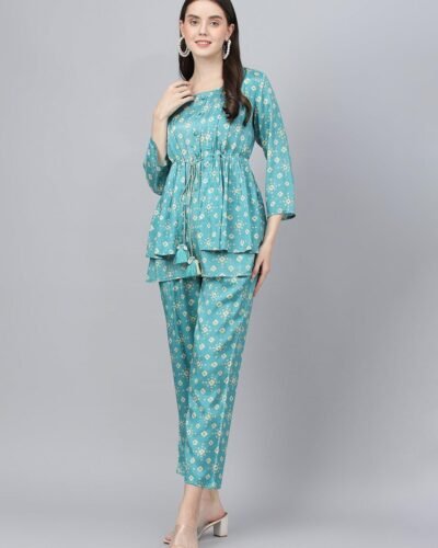 Bandhani Teal Muslin Three Piece Top Pant Set with Peplum Jecket