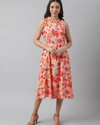 Rayon Peach A-Line Floral Printed Midi Dress