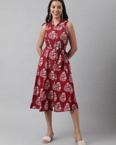 Rayon Maroon & Pink A-Line Floral Printed Midi Dress