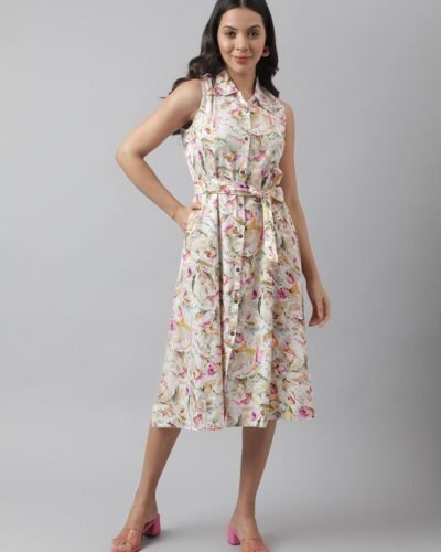 Rayon Cream A-Line Floral Printed Midi Dress