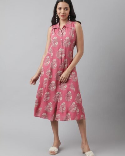 Rayon Rose Pink A-Line Floral Printed Midi Dress