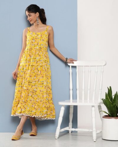 Yellow Floral Shoulder Strip Long Dress