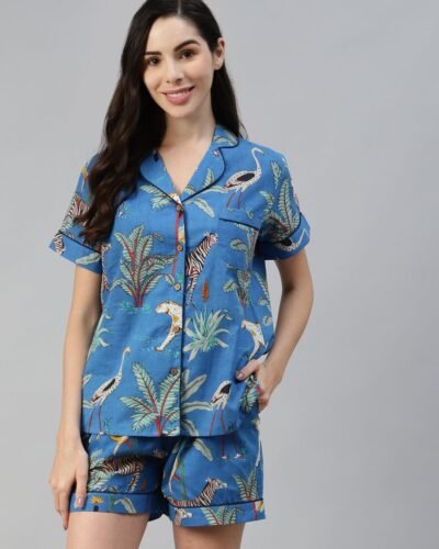 Teal blue Cotton Animal Print Night suit