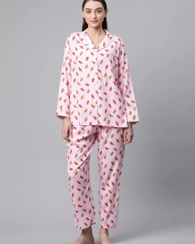 Light Pink Rayon Printed Night suit