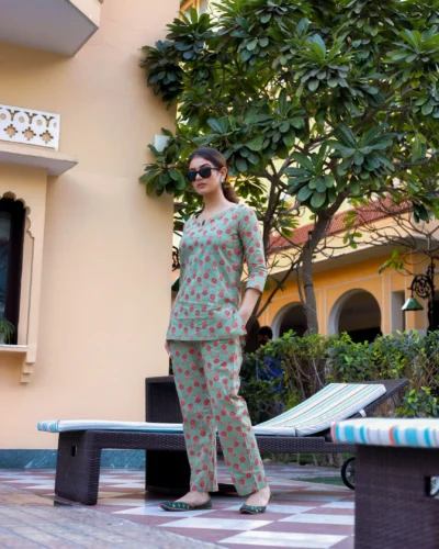 Green Floral Print Cotton Night suit