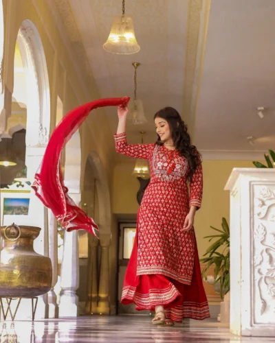 maroon Cotton Kurta palazzo set with net dupatta