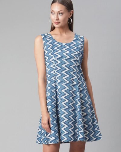 Blue Knee Length Cotton Dress