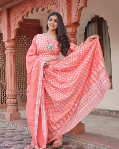 Pink Printed Crop Top, lehenga with Dupatta set