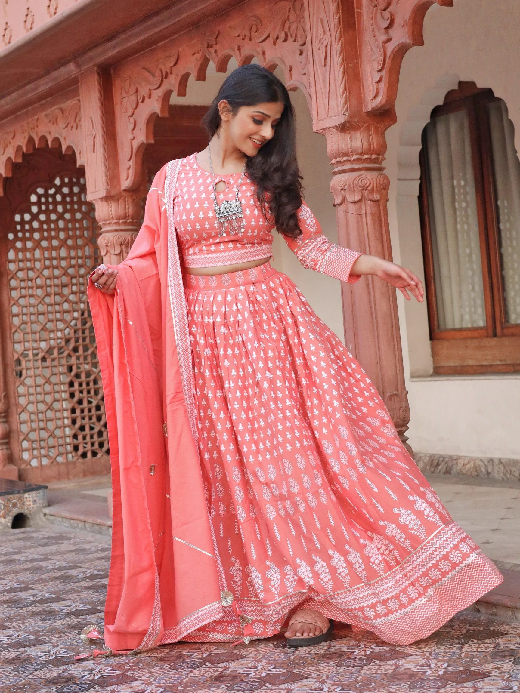 Beautiful Peach Net Embroidered Lehenga Choli with Dupatta Online  -Inddus.in.