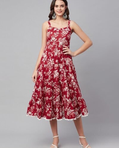 Red Floral Printed Shoulder Strap Long dress