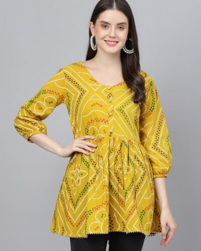 Mustard Bandhani Printed Cotton Peplum Top