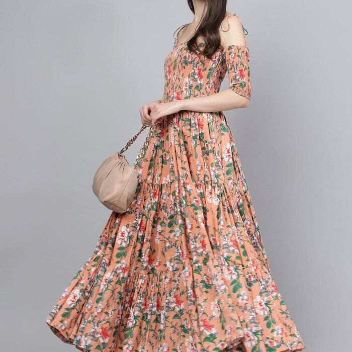 Peach Floral Printed Shoulder Strips Flared Long Dress