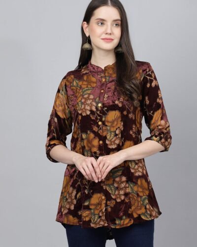Wine Floral Burn out Velvet A-line Shirts Style Top