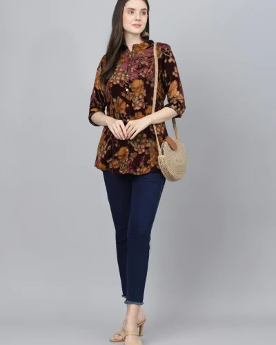 Wine Floral Burn out Velvet A-line Shirts Style Top