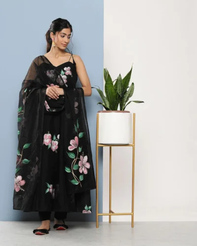 Black Hand Painted Floral Organza Anarkali Kurta Pant Set with Dupatta