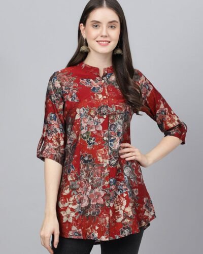 Maroon Floral Printed Modal A-Line Shirts Style Top