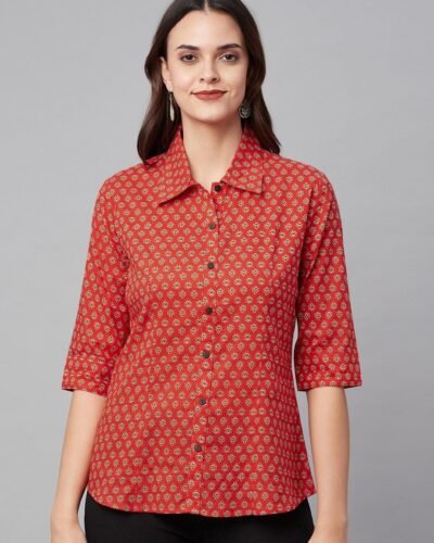 Red Block Printed Casual Women Shirts