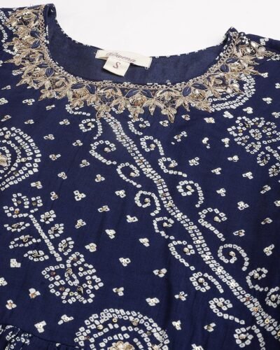 Navy Blue bandhani Printed Muslin Zari work Drape style Flared Gown
