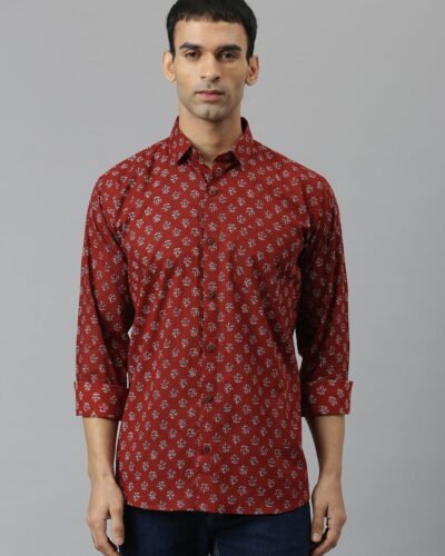 Maroon & Blue Cotton Full Sleeve Shirt for Men-MMF0279