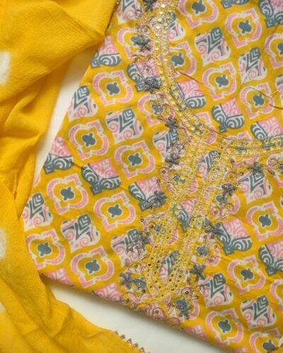 Printed Yellow Cotton Unstitched Suit Set