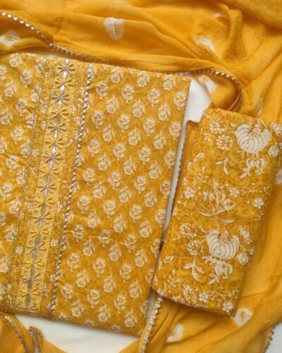 Printed Yellow Unstitched Suit Set material