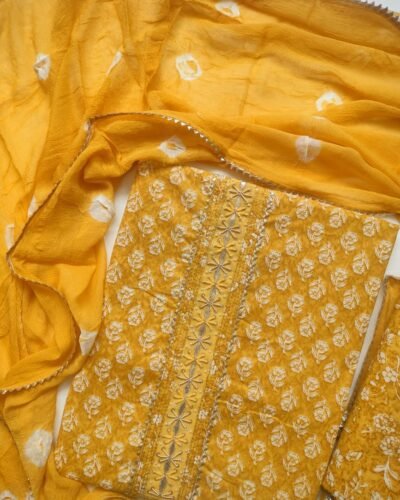 Printed Yellow Unstitched Suit Set material