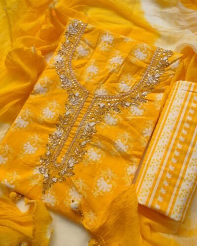 Stylish Yellow Cotton Unstitched Suit Set for Women