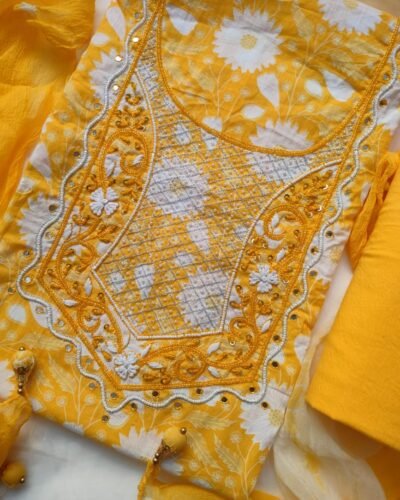 Sunshine Yellow Cotton Unstitched Suit Set