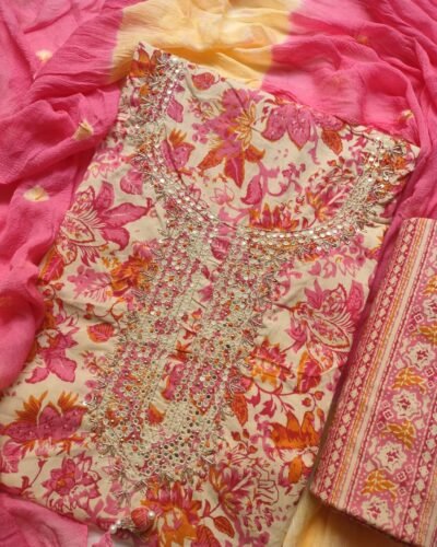 Flower Print Unstitched Cotton Suit Set for  Women