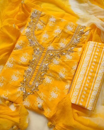 Stylish Yellow Cotton Unstitched Suit Set for Women