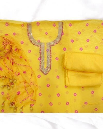 Sunshine Yellow Comfortable Bandhej Print Unstitched Suit Set for Women