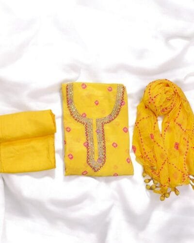 Sunshine Yellow Comfortable Bandhej Print Unstitched Suit Set for Women
